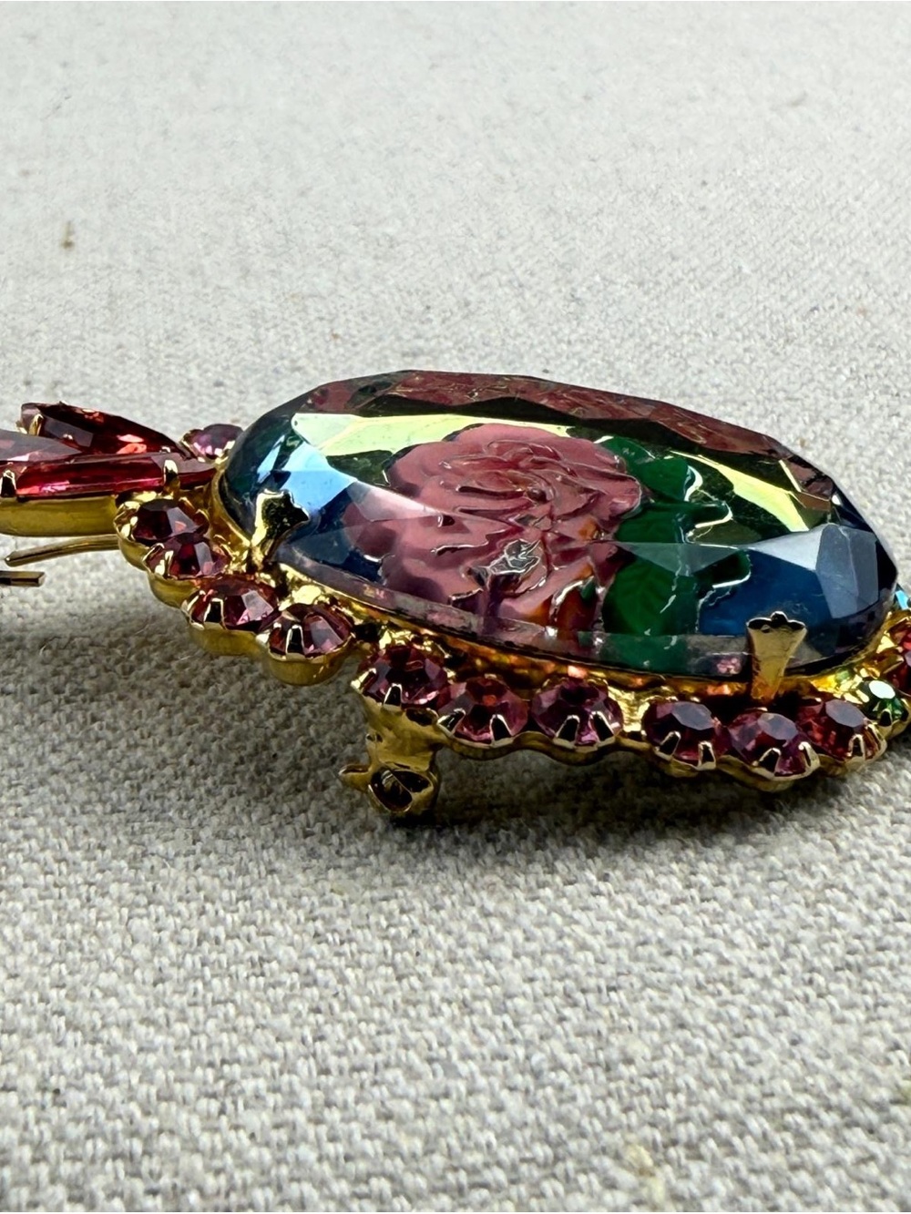 VINTAGE JULIANA RHINESTONE ROSE AZALEA INTAGLIO REVERSE CARVED PIN BROOCH 60/70s - Picture 3 of 7